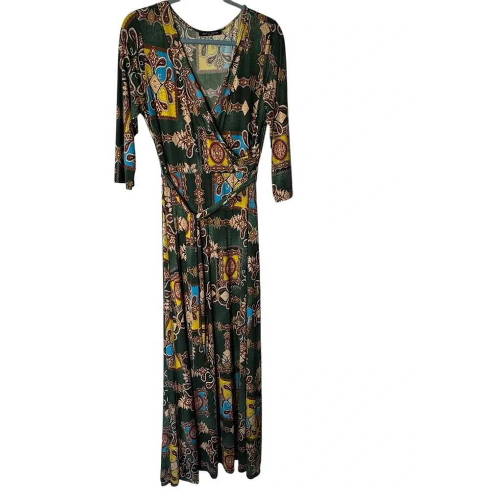 Janette John 3:16 Dress Women L Maxi 3/4 sleeve Floral Paisley‎ long stretch